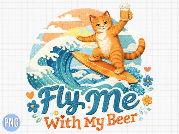 Fly Me with My Beer Surfing Cat PNG: A Creative Asset