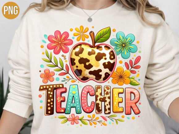 Retro Leopard Floral Teacher Apple PNG